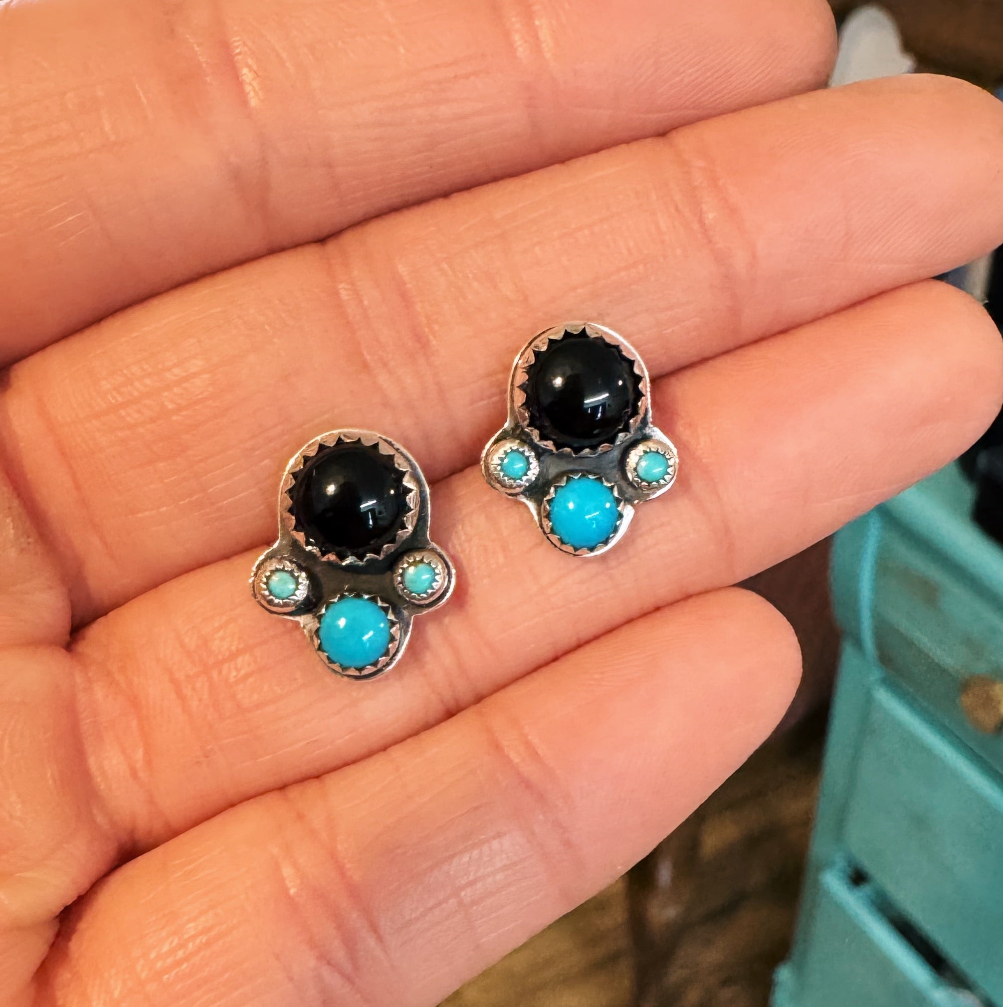 Black Onyx & Kingman Cluster Studs